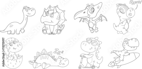 Outlined Cute Baby Dinosaurs Cartoon Characters. Vector Hand Drawn Collection Set Isolated On Transparent Background