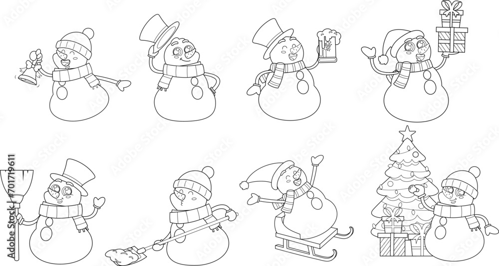 Outlined Cute Snowman Cartoon Characters. Vector Hand Drawn Collection Set Isolated On Transparent Background