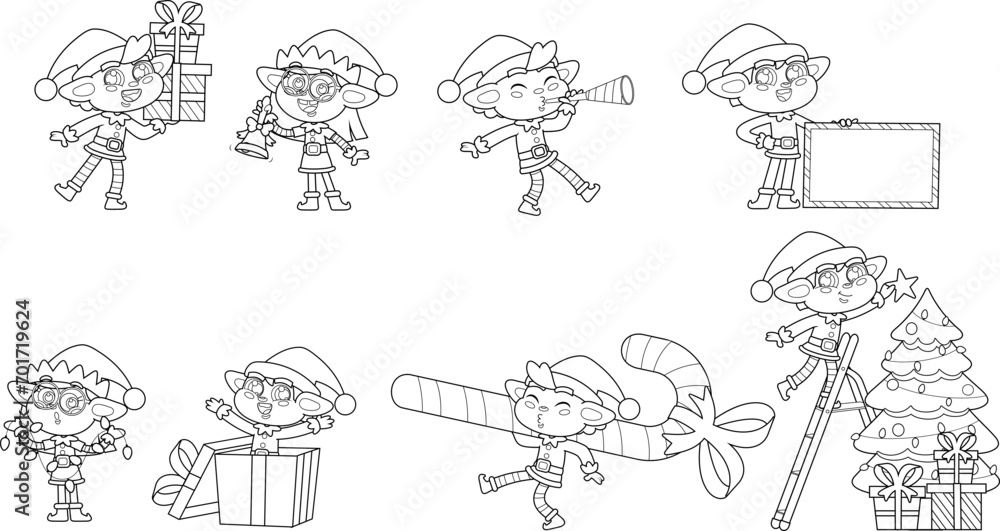 Outlined Funny Christmas Elf Cartoon Characters. Vector Hand Drawn Collection Set Isolated On Transparent Background Outlined Funny Christmas Elf Cartoon Characters. Vector Hand Drawn Collection Set Isolated On Transparent Background