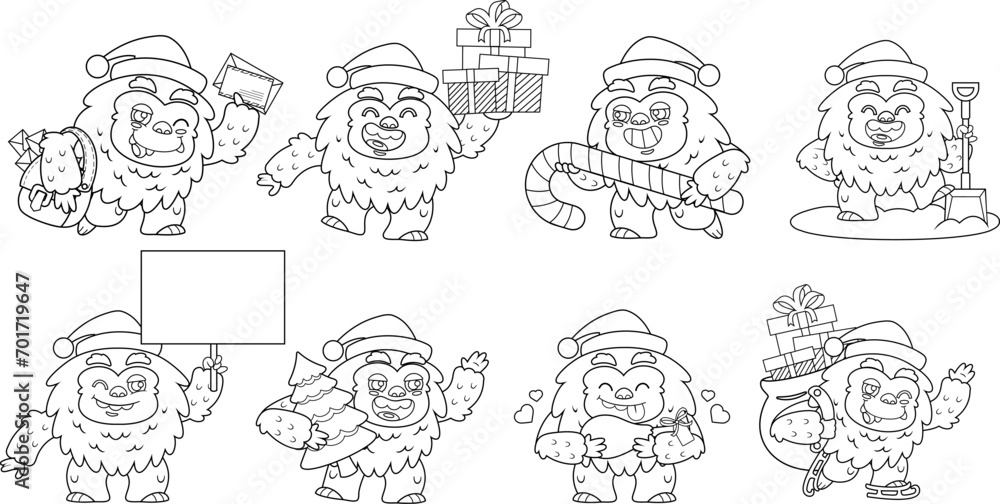 Outlined Santa Yeti Bigfoot Cartoon Character In Different Poses. Vector Hand Drawn Collection Set Isolated On Transparent Background