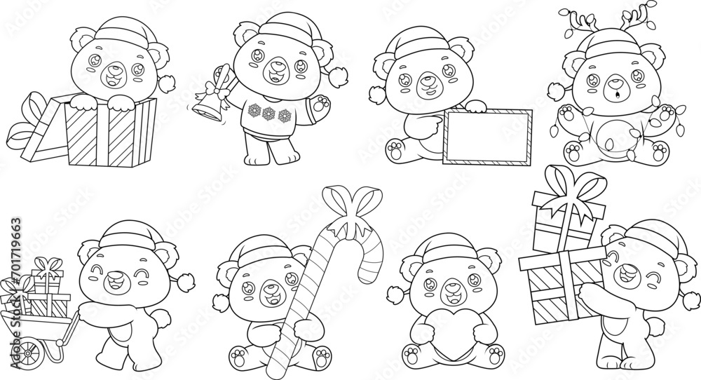 Outlined Cute Christmas Teddy Bear Cartoon Character. Vector Hand Drawn Collection Set Isolated On Transparent Background