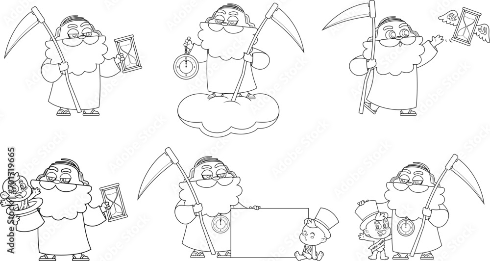 Outlined New Year Baby And Father Time Man Cartoon Characters. Vector