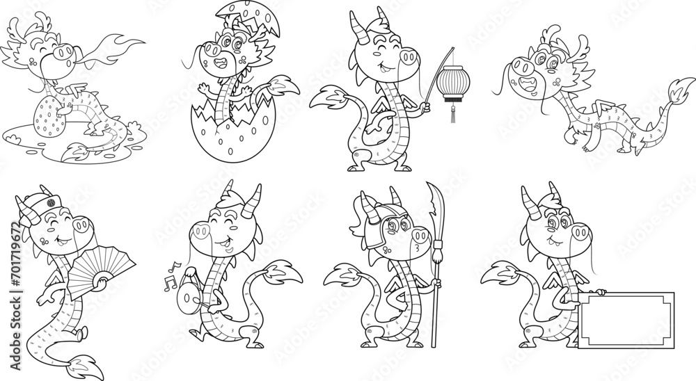 Outlined Cute Chinese Dragon Cartoon Characters. Year Of The Dragon Zodiac. Vector Hand Drawn Collection Set Isolated On Transparent Background