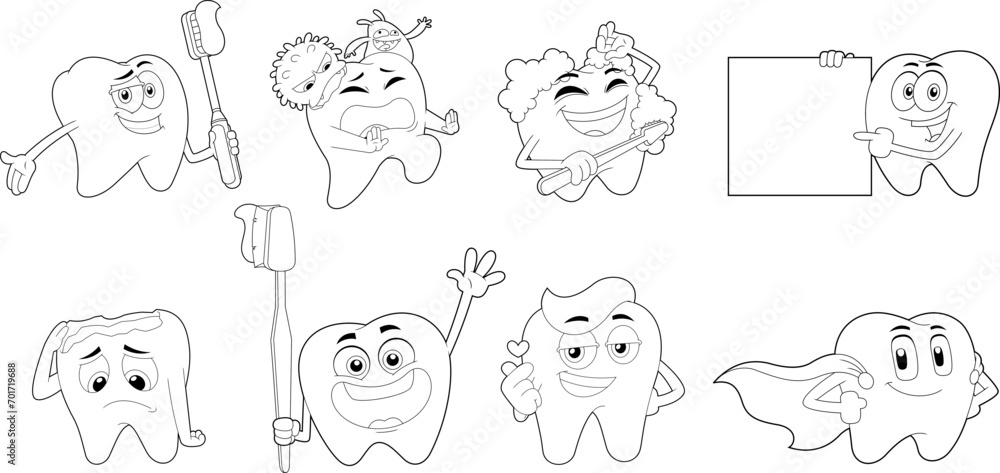 Outlined Cute Tooth Cartoon Characters. Vector Hand Drawn Collection Set Isolated On Transparent Background