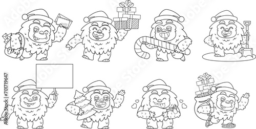 Outlined Santa Yeti Bigfoot Cartoon Character In Different Poses. Vector Hand Drawn Collection Set Isolated On Transparent Background