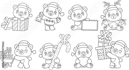 Outlined Cute Christmas Teddy Bear Cartoon Character. Vector Hand Drawn Collection Set Isolated On Transparent Background