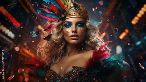 beautiful female model in a carnival mask with colourful background