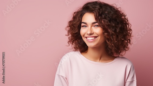 A panoramic view of her body shows that she is attractive, nice-looking, lovable, shy, winsome, amazed, cheerful, and has wavy hair. she reacts to news while isolated on a pink pastel