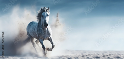 Grey Arabians horse run gallop in dust aganist blue sky. 