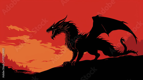 Silhouette of dragon on red background.