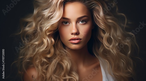 A photograph of a stunning young blonde girl with curly hair. a close-up shot of the attractive and seductive face of a female white individual with long hair and smokey eye makeup.