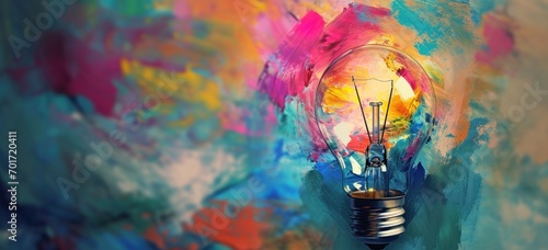 Lightbulb with vibrant splashes representing creativity and inspiration in art. Creative process and imagination. photo