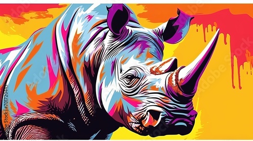 A white rhino isolated on a white background is depicted in a pop art illustration.