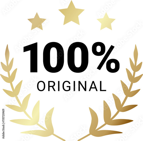 100 percent original product label sign. Round premium quality product guarantee logo with stars and laurel crown. Vector black and gold badge, rubber seal stamp symbol for sticker, logo, certificate.