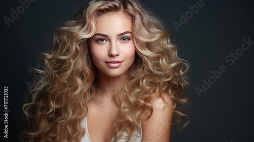 A young woman's smiling face is surrounded by beautifully groomed, curly, long, deep blonde hair.