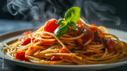 A dish of traditional Italian spaghetti pasta with tomato sauce and basil.  photo