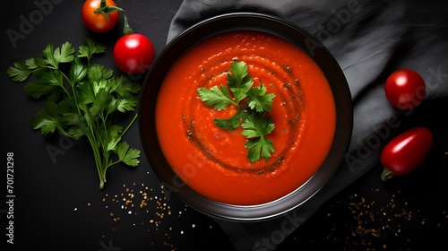 Gazpacho soup, a dish from italy, is served in a glass tomato soup with onion, paprika, and parsley and can be seen with a top view on a black background. there is enough room for text.