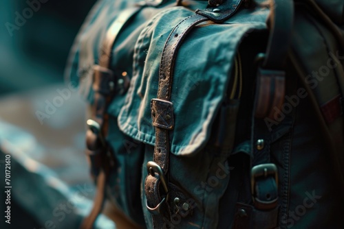 A detailed view of a backpack resting on a bench. This image can be used to illustrate travel, outdoor activities, or a student's daily routine