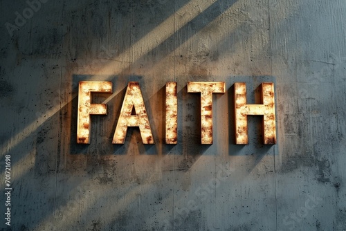 Bright lights illuminate the word faith on a solid concrete wall