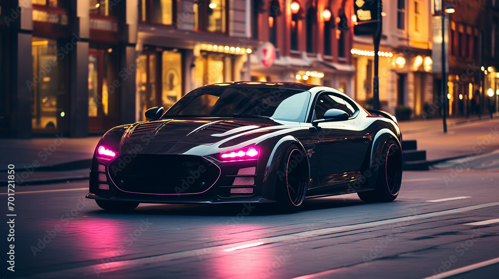 Black sports car with pink lights and pink edges