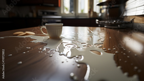 Cup of milk spilled on the kitchen table photo