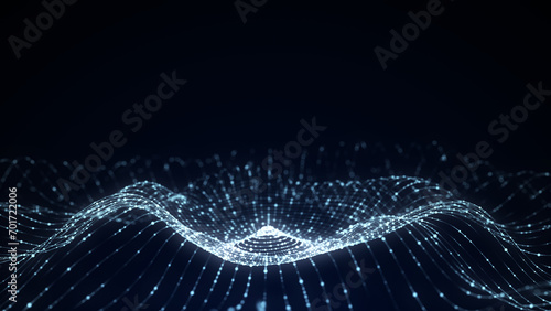 Abstract music sound wave. Dark cyberspace with moving particles. Futuristic circle wave with digital database. Big data analytics. 3d rendering.