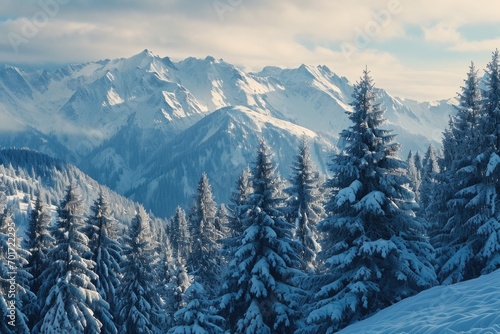 A picturesque snow-covered mountain range with tall, majestic pine trees. Perfect for winter-themed designs or nature-inspired projects © Fotograf