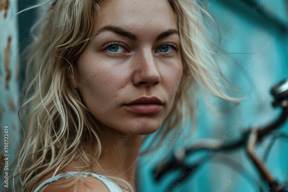 A woman with blonde hair and blue eyes standing next to a bike. Suitable for various uses A woman with blonde hair and blue eyes standing next to a bike. Suitable for various uses