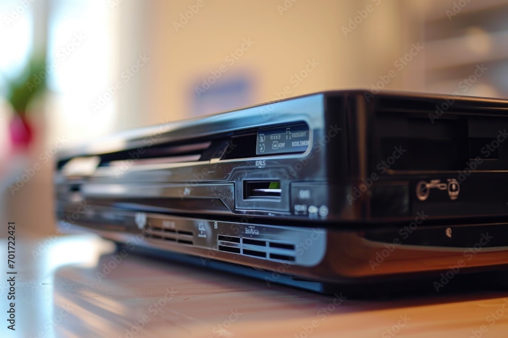 A detailed close-up shot of a DVD player placed on a table. Perfect for illustrating home entertainment setups or technology-related articles
