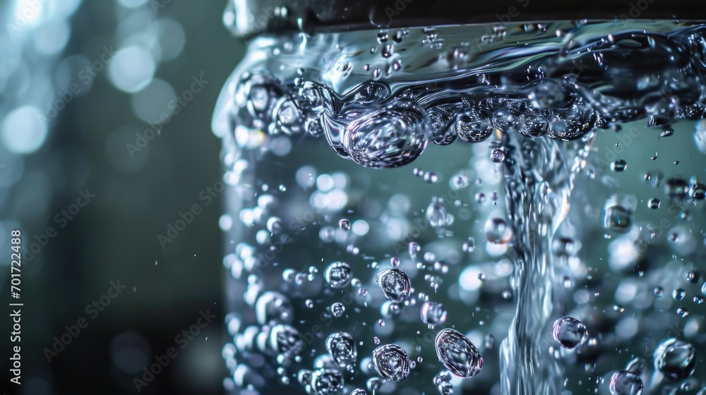A close-up view of water pouring from a faucet. This image can be used to illustrate concepts related to water conservation or household utilities A close-up view of water pouring from a faucet. This image can be used to illustrate concepts related to water conservation or household utilities