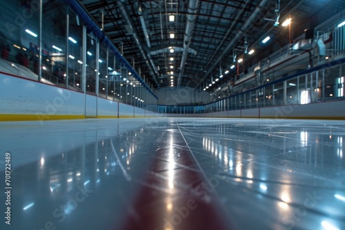 A picture of a hockey rink with a red line on the ice. Can be used for sports-related designs or articles