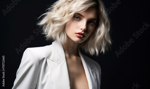 Fashion-forward young woman with a platinum bob hairstyle in a white blazer against a dark background, embodying modern elegance and simplicity