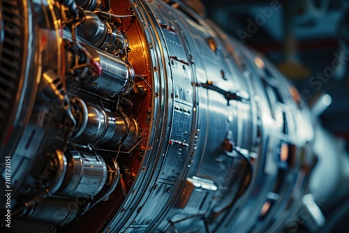 A detailed close-up view of a jet engine. This image can be used to illustrate concepts related to aviation, engineering, technology, and transportation