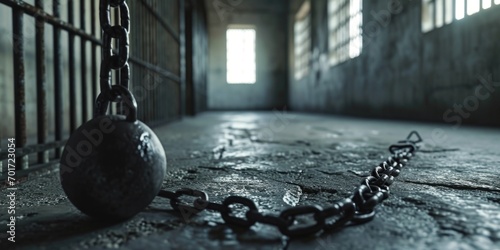 A ball is seen chained to a chain inside a jail cell. This image can be used to represent confinement, restriction, or imprisonment photo
