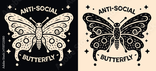 Anti social butterfly lettering drawing. Cute retro vintage witchy aesthetic illustration. Social anxiety introvert asocial quotes for women. Introvert text t-shirt design, sticker and print vector. photo
