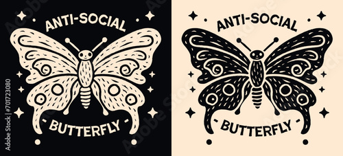 Anti social butterfly lettering drawing. Cute retro vintage witchy aesthetic illustration. Social anxiety introvert asocial quotes for women. Introvert text t-shirt design, sticker and print vector.