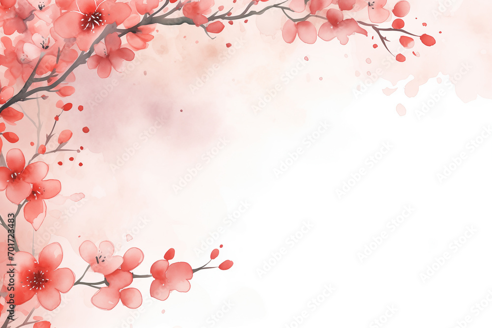 Cherry blossom watercolor painting in red tone. Chinese New Year background with copy space. Generative AI. Cherry blossom watercolor painting in red tone. Chinese New Year background with copy space. Generative AI.