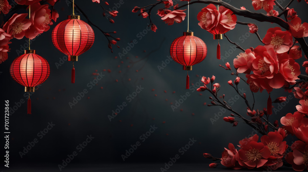 Obraz premium Happy chinese new year 2024. Sakura branches of blossoming against with a chinese lanterns of blurred background. Religion and culture of Chinese festival celebration traditional . Generative AI