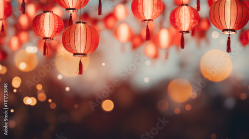 Happy chinese new year 2024. Chinese lanterns hanging against with blurred lighting background. Religion and culture of Chinese festival celebration traditional. For ads, social media. Generative AI photo