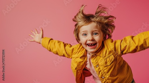 A little girl joyfully jumping up into the air wearing a vibrant yellow jacket. Suitable for various uses