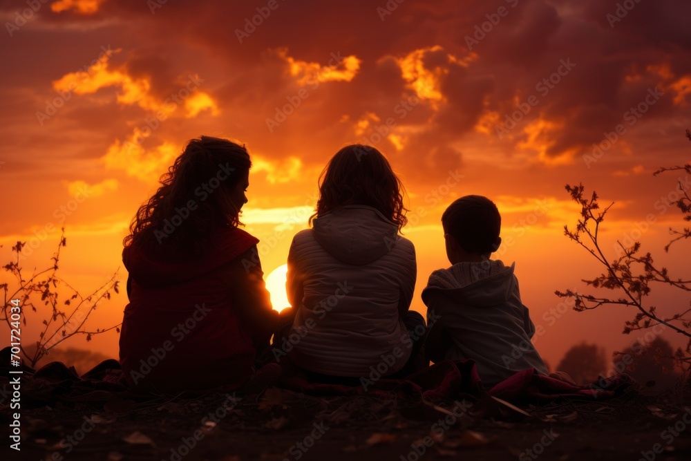 A magical family moment captured in silhouette as a mother and children read against a colorful twilight sky, beautiful book images