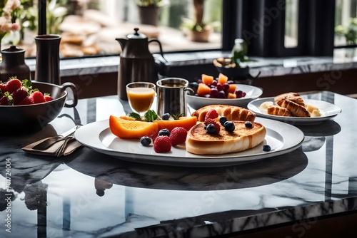 Indoor photo of luxury breakfast on marble table-