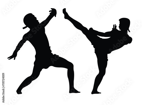 Set of male silhouette Muay Thai kickboxing kick boxer boxing men isolated. Thai Boxing fight traditional dance before fight, Vector illustration