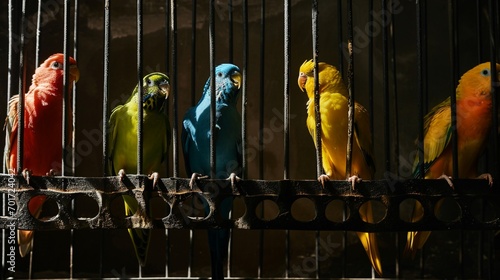 A sleek steel cage with horizontal bars enclosing vibrant birds in dynamic poses. photo