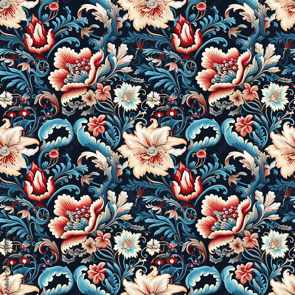 oriental ethnic traditional Japanese floral seamless carpet pattern with red blue flowers on background