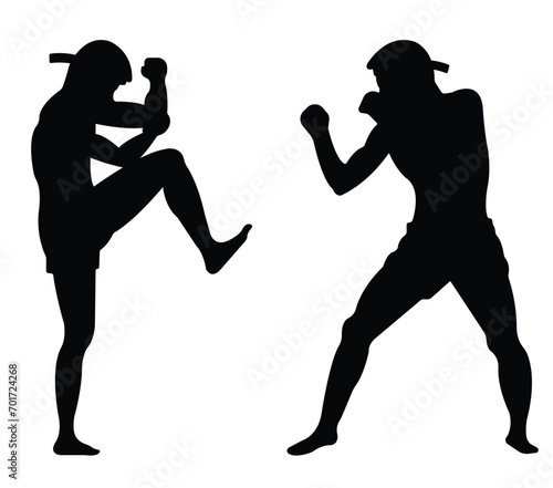Set of male silhouette Muay Thai kickboxing kick boxer boxing men isolated. Thai Boxing fight traditional dance before fight, Vector illustration