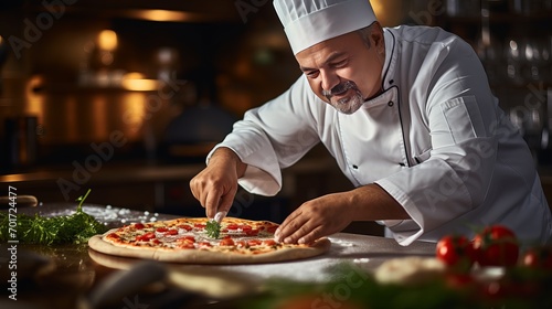A chef baking pizza in a white uniform is making it in the kitchen.