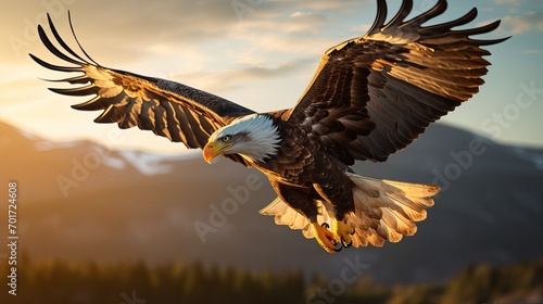A close-up image of a bald eagle flying in the sky with its open wings.