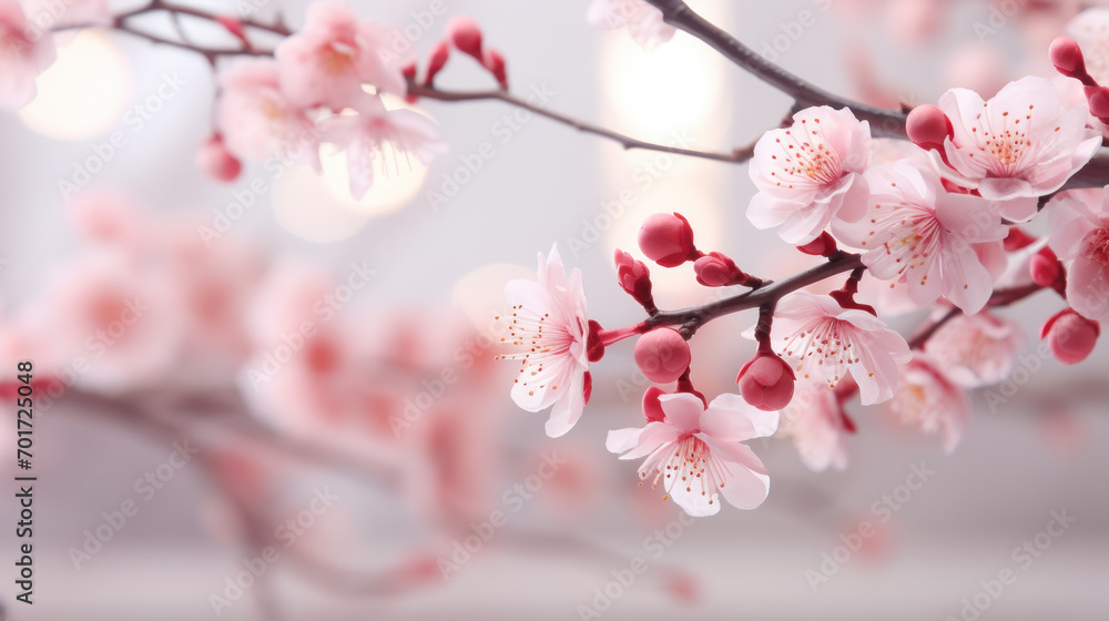 Obraz premium Pink sakura branches of blossoming against of blurred background on nature outdoors. Beautiful cherry blossom flower blooming, dreamy romantic image spring, flower petal, copy space. Generative AI