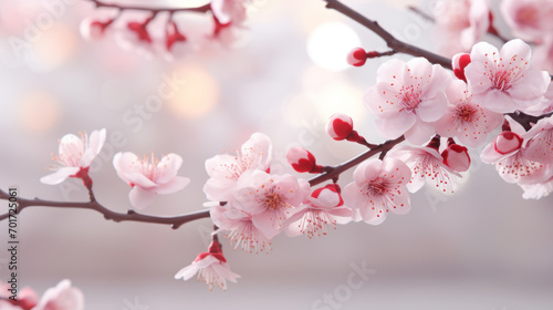 Pink sakura branches of blossoming against of blurred background on nature outdoors. Beautiful cherry blossom flower blooming  dreamy romantic image spring  flower petal  copy space. Generative AI